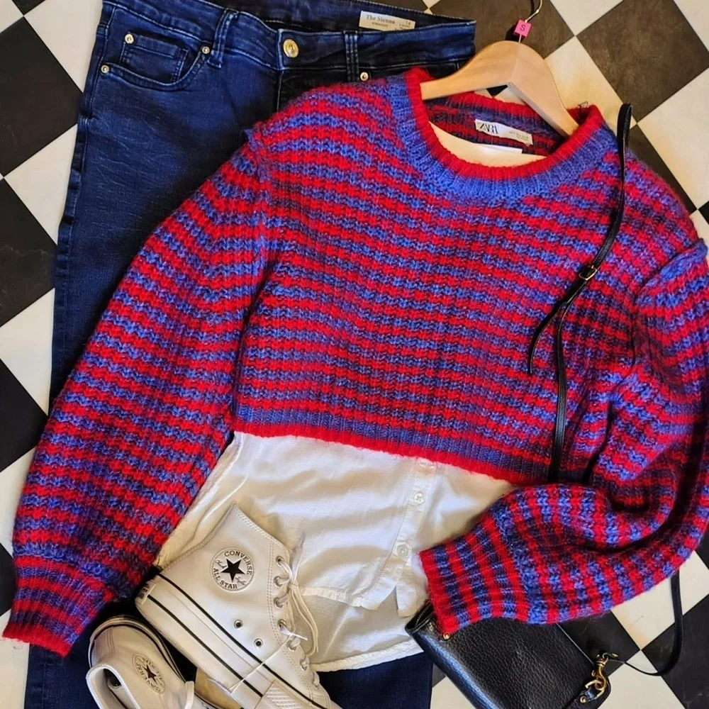 Zara Wool Alpaca Blend Cropped Sweater Vibrant Stripes & Balloon Sleeves size M